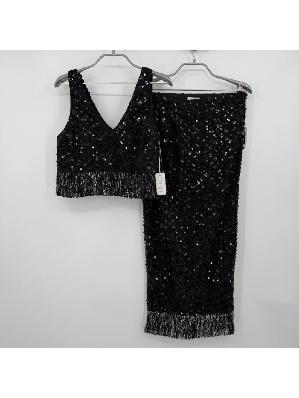 Saylor Black Sequin Randall Set Fringe Crop Tank & High Waist Midi Skirt size S